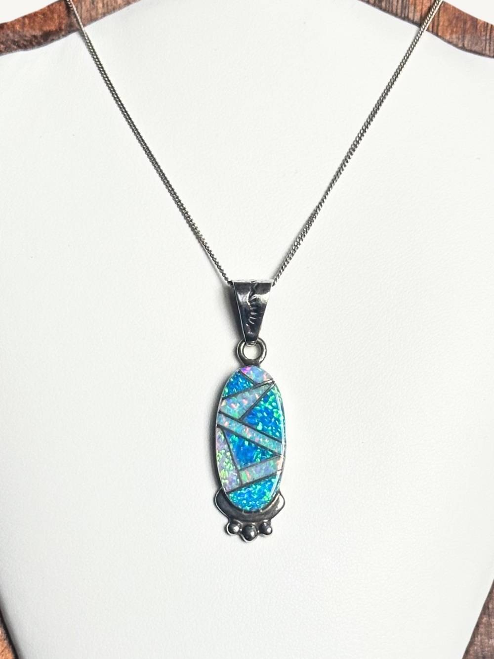 Sterling Navajo Cecil Sanders Opal Inlay Pendant Necklace